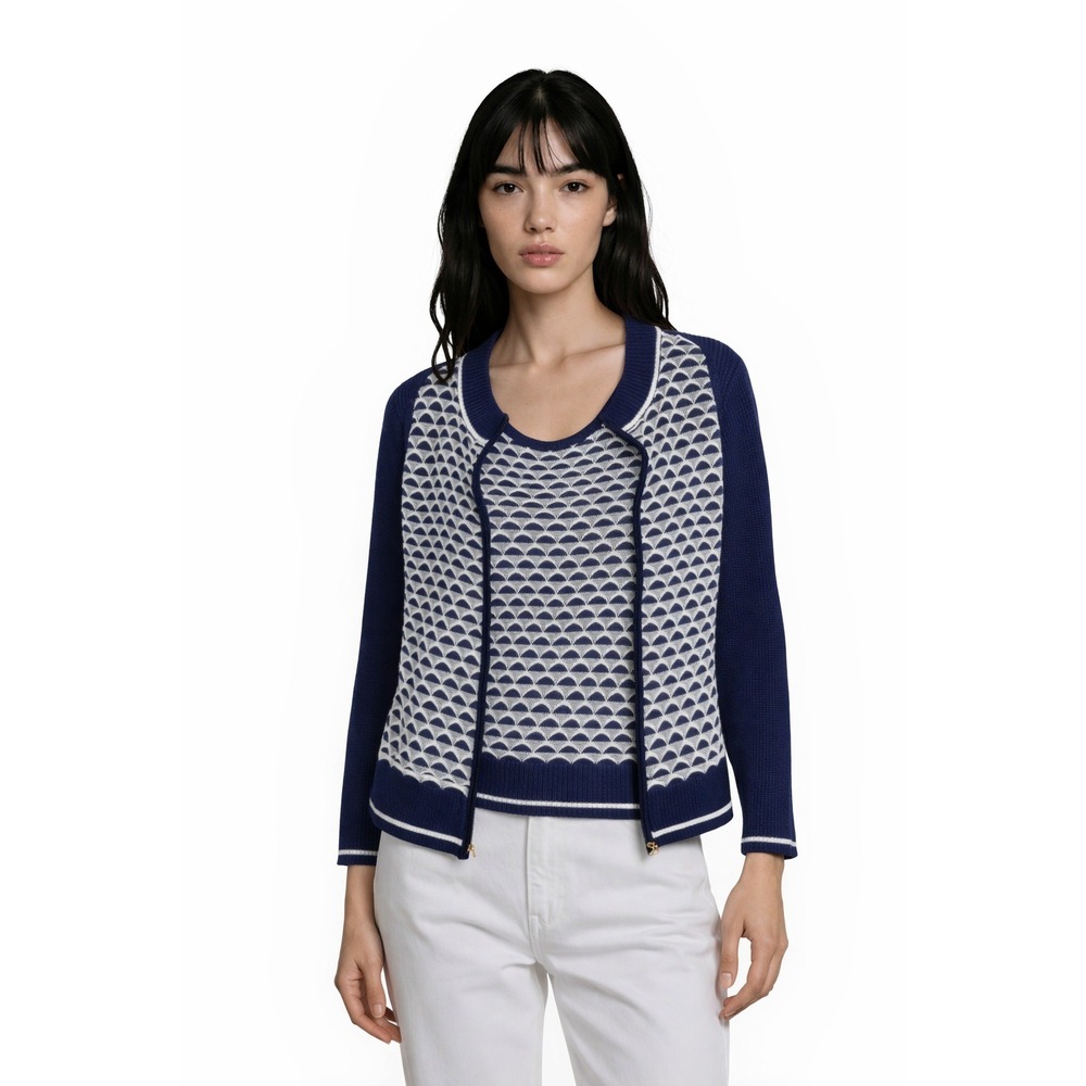St John Sport Cardigan Sweater Set Women Size XL Marie Gray Navy‎ White Scallop